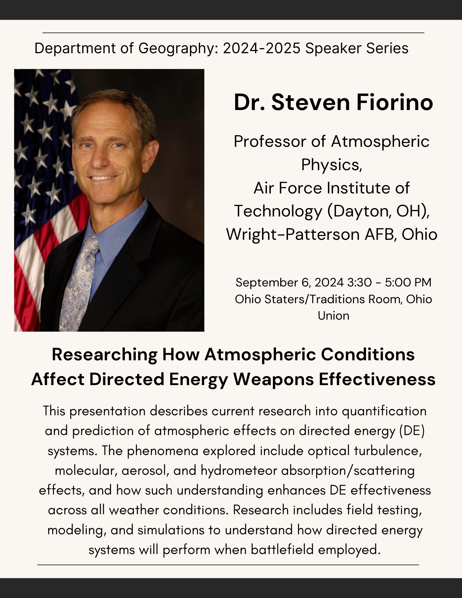 Geography Speaker Series flyer for Steve Fiorino talk