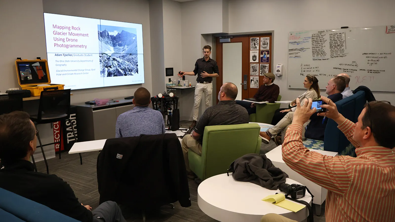Adam Tjoelker presents on his thesis research and how the department can use LiDAR in glacial research