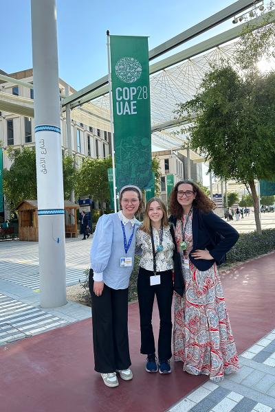 From left:  Cordelia Vanderveer, Catherine Adams, and Olivia Marrero at COP28 in Dubai