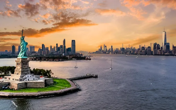 Stock photo - Statue of Liberty and One World Trade Center