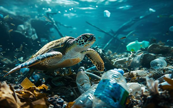 stock photo - turtle and plastic pollution