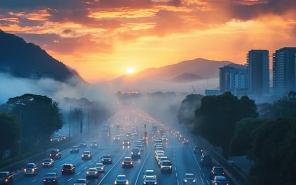 Stock photo - cars, pollution, condensation, sunrise