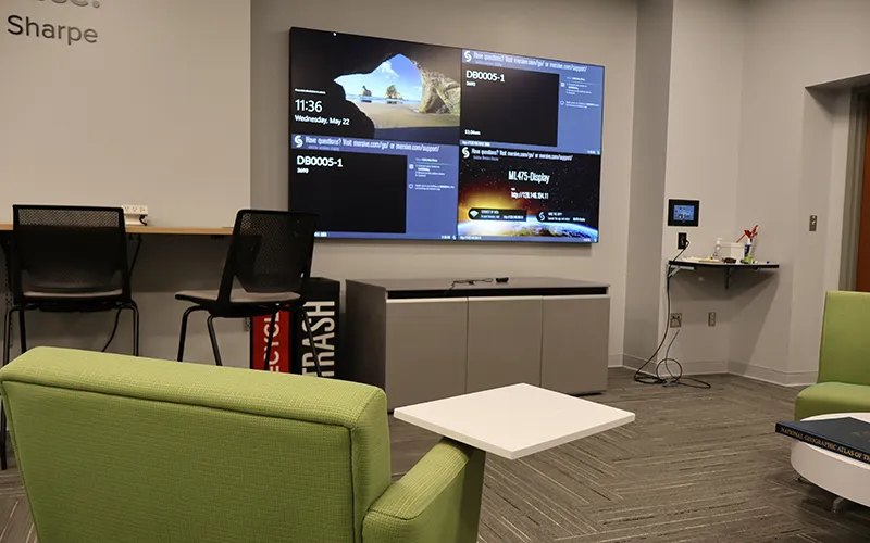 110" media wall in Sharpe Commons