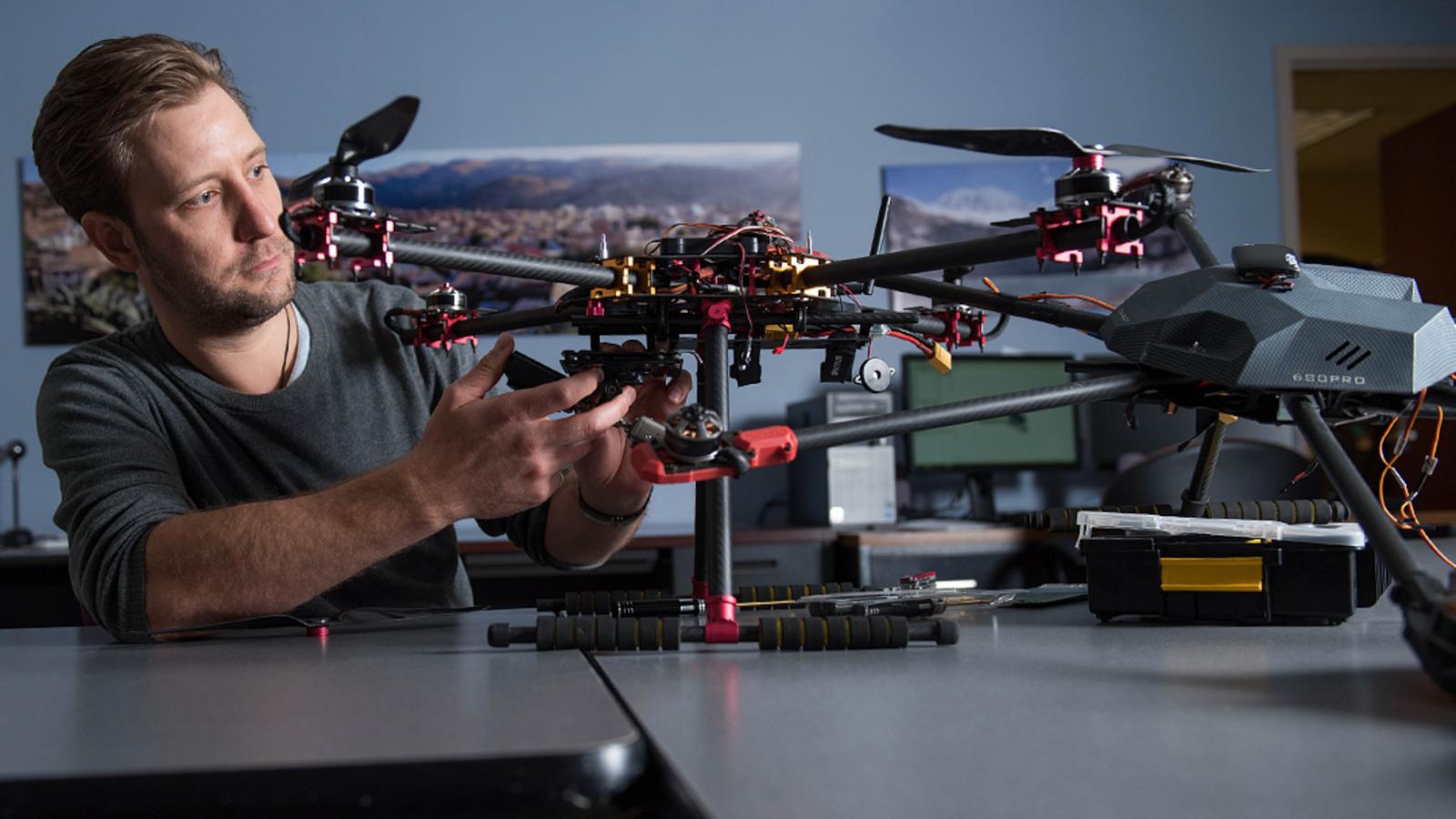 Oliver Wigmore tuning his geography research drone